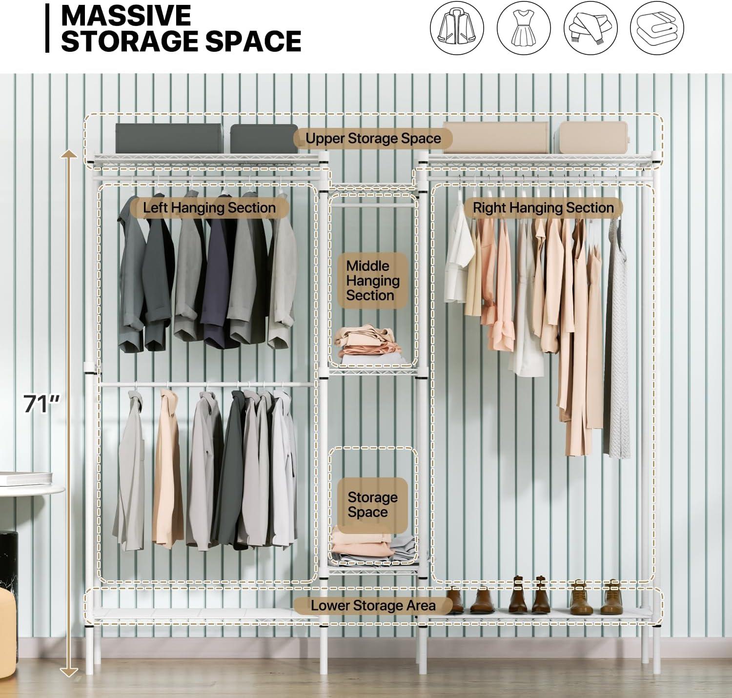 MoNiBloom Heavy Duty Clothes Rack L Shaped Clothing Rack for Corner, Wire Garment Rack Freestanding Wardrobe Rack for Bedroom, 73"Lx13.5"Wx71"H, White