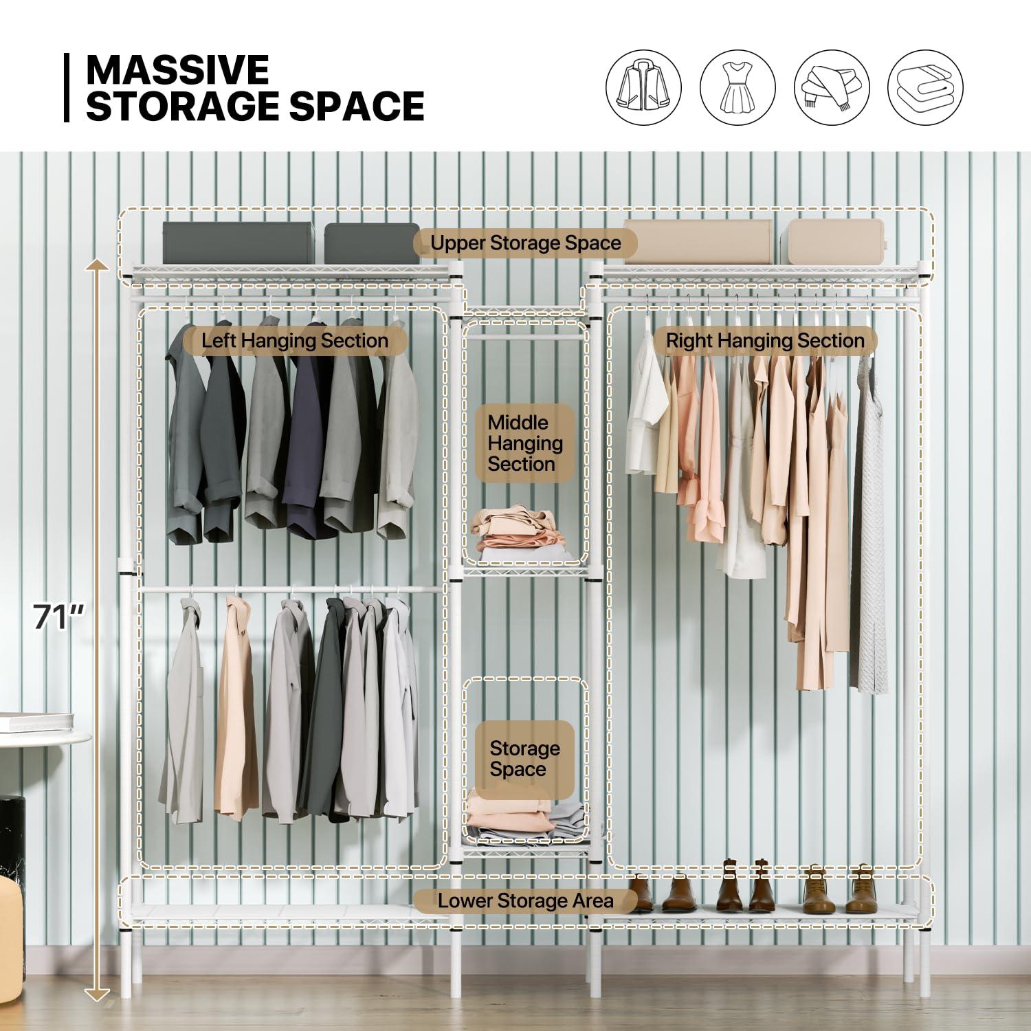 MoNiBloom Heavy Duty Clothes Rack L Shaped Clothing Rack for Corner, Wire Garment Rack Freestanding Wardrobe Rack for Bedroom, 73"Lx13.5"Wx71"H, White