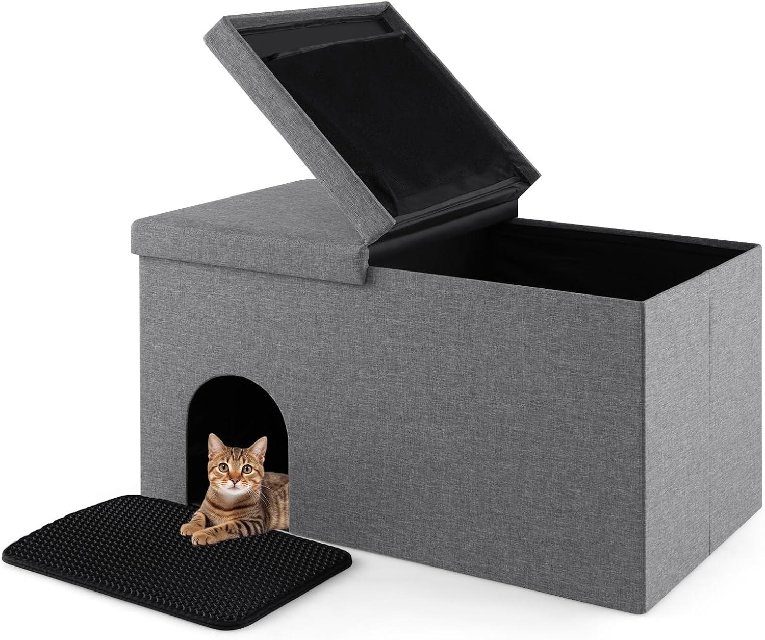 Cat Litter Box Enclosure Hidden Furniture with Urine Proof Litter Mat-Gray, Cat Litter Box Enclosure , Hidden Cat Washroom Furniture, Pet Crate for Living Room, Bedroom, Balcony