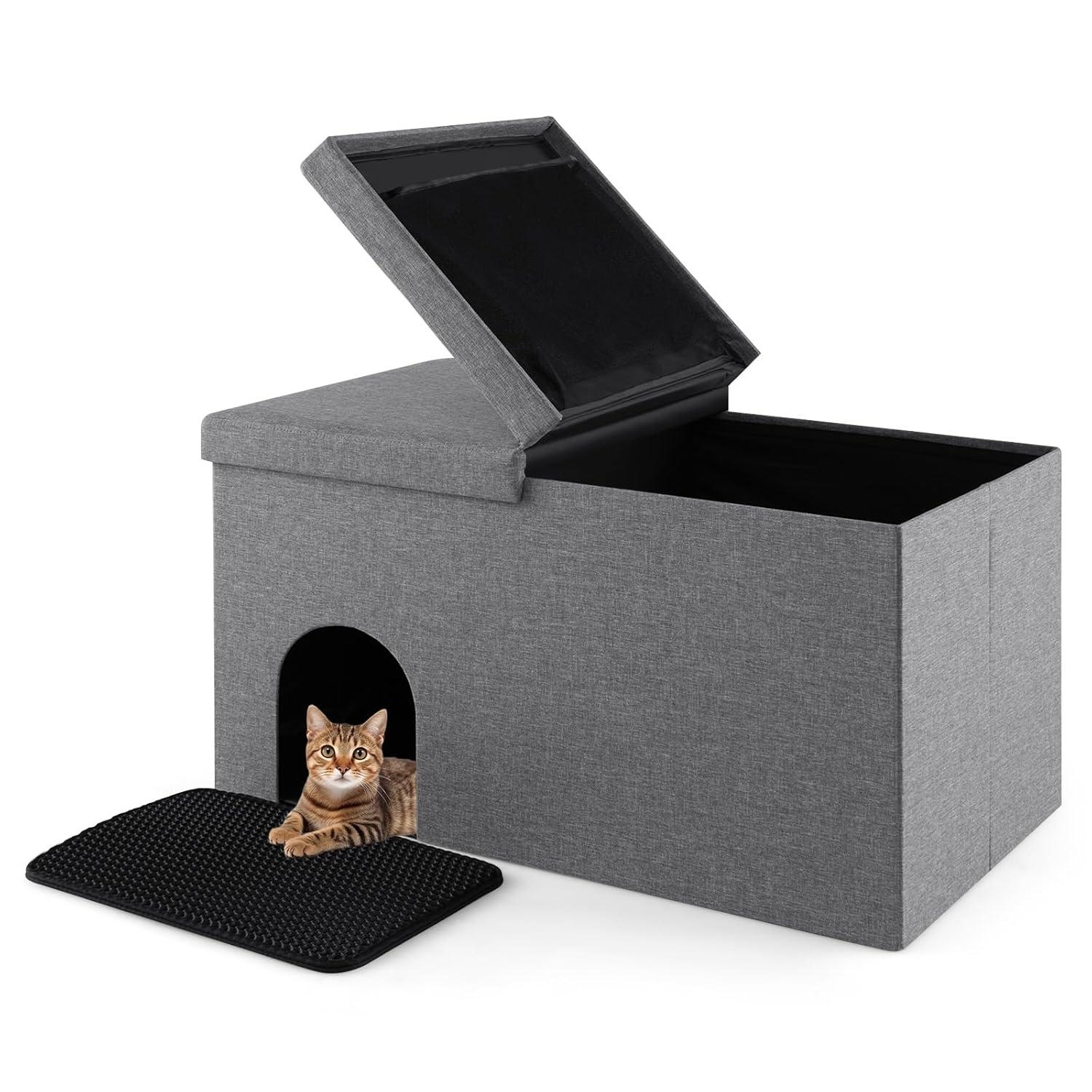 Cat Litter Box Enclosure Hidden Furniture with Urine Proof Litter Mat-Gray, Cat Litter Box Enclosure , Hidden Cat Washroom Furniture, Pet Crate for Living Room, Bedroom, Balcony