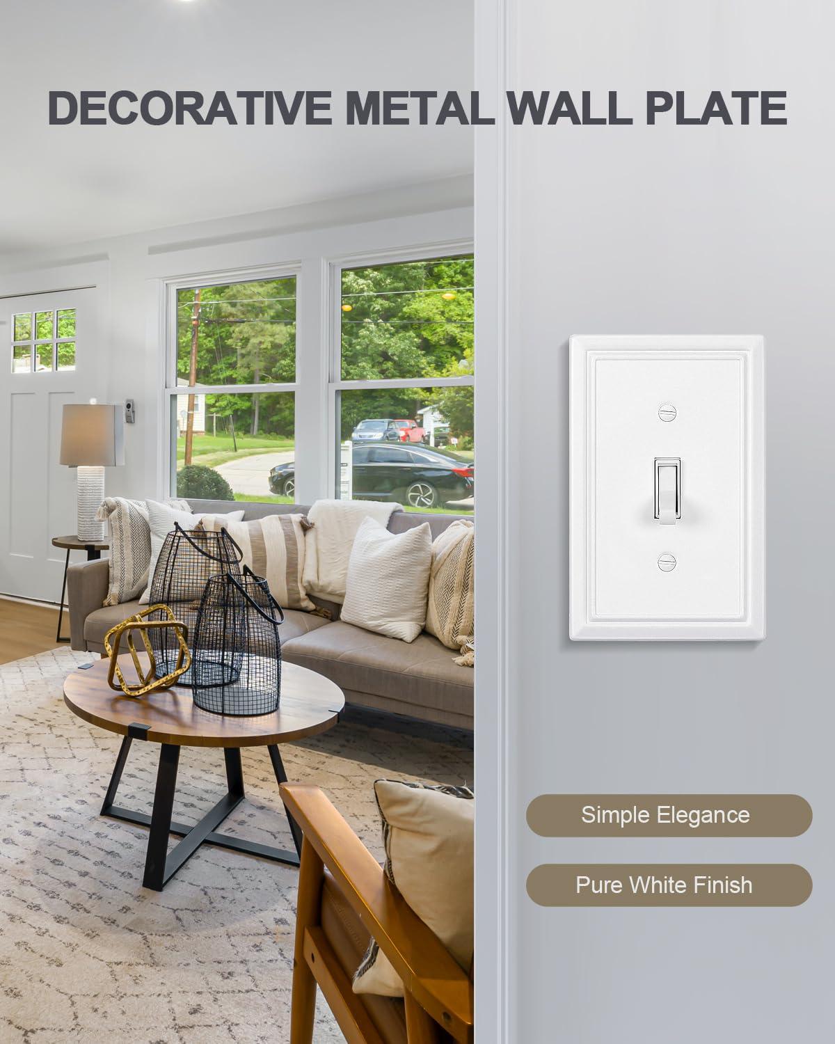 Modern Decorative Wall Plate Switch Plate Outlet Cover, Vintage Retro Wood Grain Design(Single Toggle-4 Pack, White)