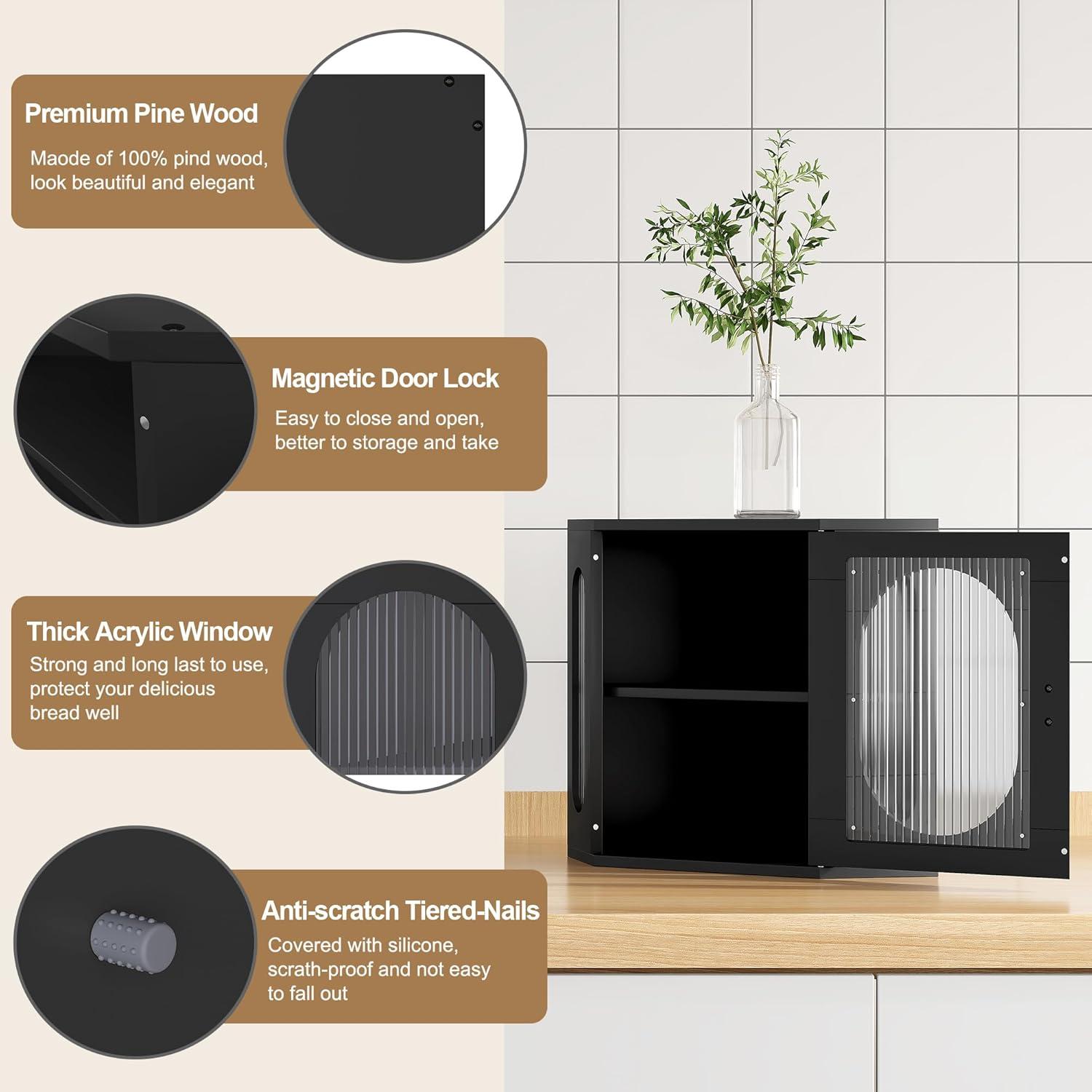 Hokku Designs Corner Bread Storage Container Double Layer Wooden Breadbox Homemade Bread Loaf Bin Farmhouse Coffee Bar Pantry Shelf With Acrylic Window, Black