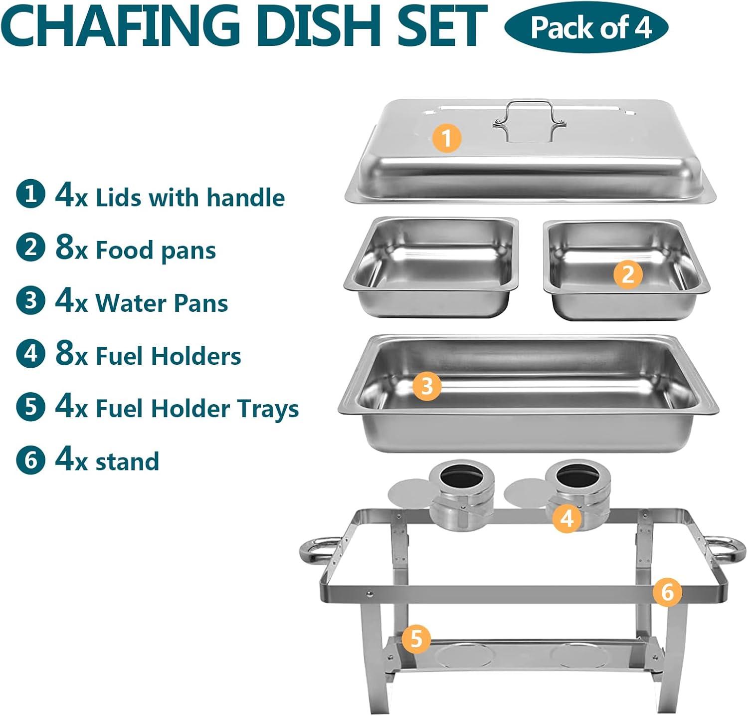 Chafing Dish Buffet Set 4 Pack, 8 QT Food Servers and Warmers Stainless Steel Chafer with Water Pan for Weddings, Parties, Banquets, and Catering