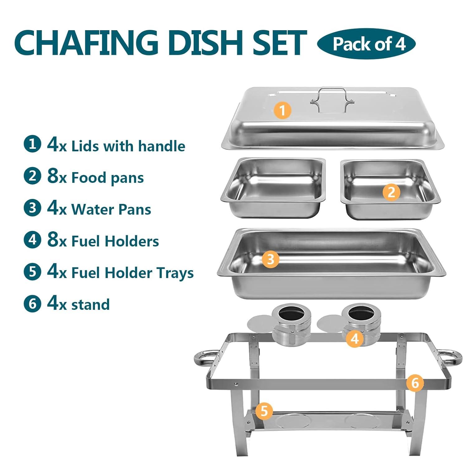 Chafing Dish Buffet Set 4 Pack, 8 QT Food Servers and Warmers Stainless Steel Chafer with Water Pan for Weddings, Parties, Banquets, and Catering