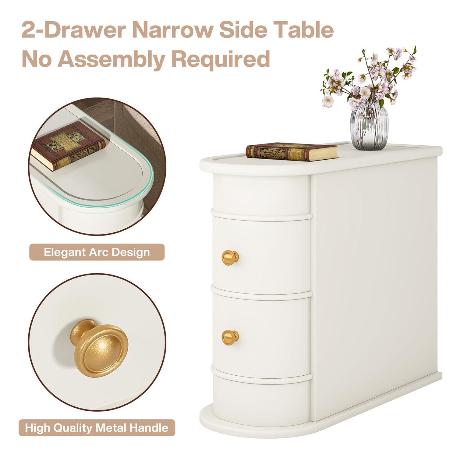Hommoo Wood Narrow Nightstand with 2 Drawers Off-White