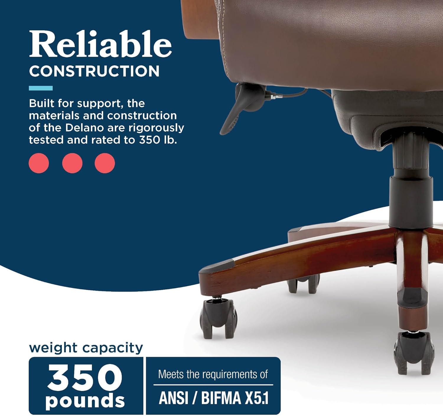 La-Z-Boy La-Z-Boy Delano Big & Tall Executive Office Chair, Ergonomic Mid-Back with Body Pillow Lumbar Support, ComfortCore® with Memory Foam Cushion, Mahogany Wood Arms and Swivel Base, Bonded Leather