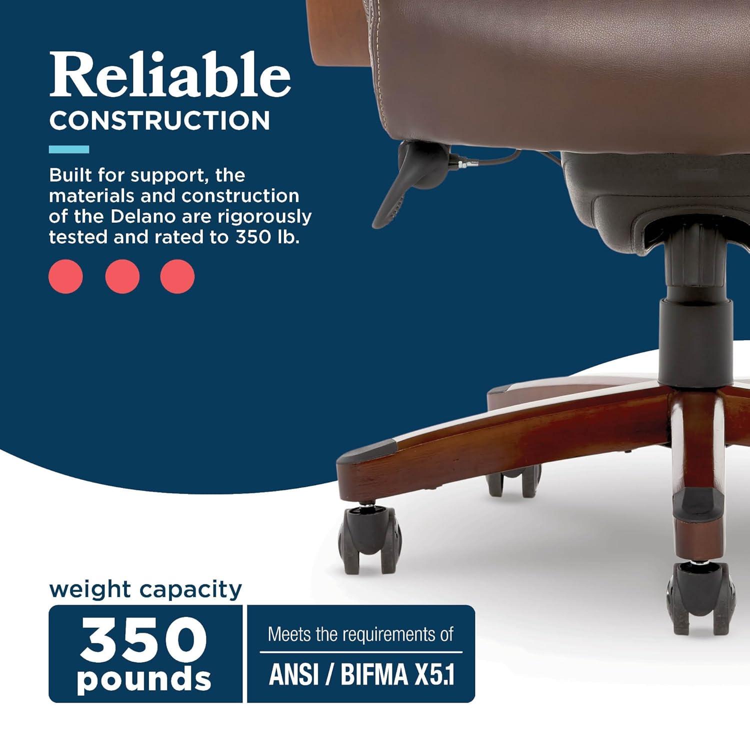 La-Z-Boy La-Z-Boy Delano Big & Tall Executive Office Chair, Ergonomic Mid-Back with Body Pillow Lumbar Support, ComfortCore® with Memory Foam Cushion, Mahogany Wood Arms and Swivel Base, Bonded Leather