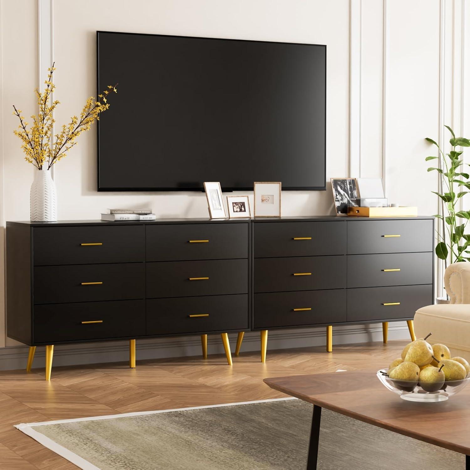 Black Wooden 6-Drawer Dresser with Gold Handles