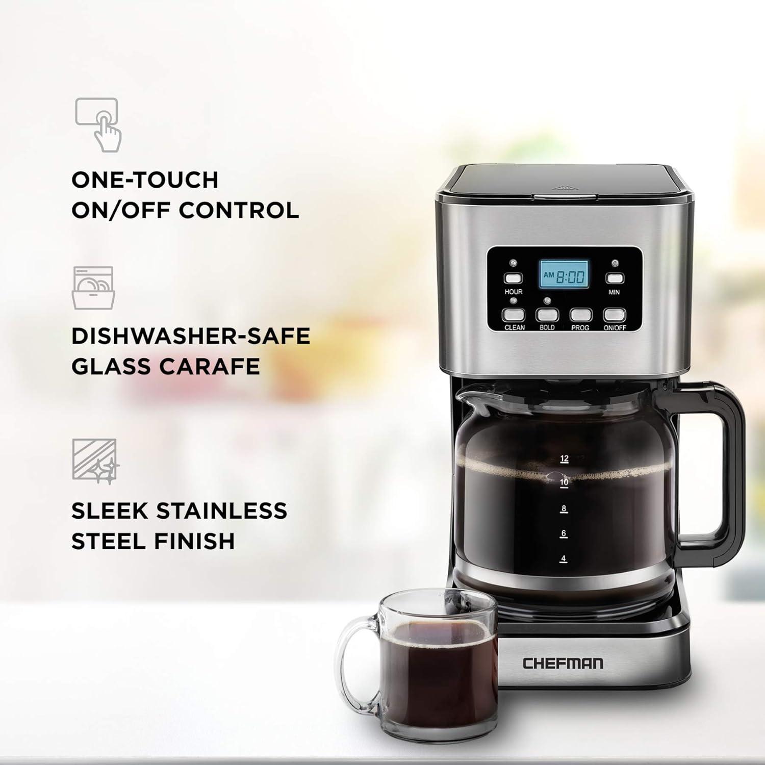 Chefman 12-Cup Programmable Coffee Maker w/ Digital Display, Auto Shut Off - Stainless Steel, New