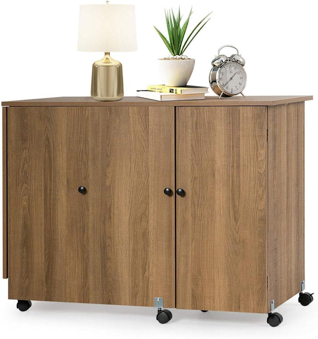 DORTALA Folding Sewing Table, Large Size Craft Cart w/Storage Shelves and Lockable Casters, Rolling Craft Station Sewing Table for Apartment Home, Portable Storage Cabinet for Small Space, Natural