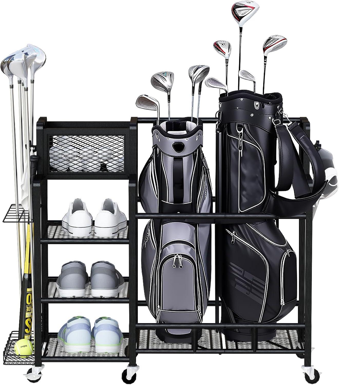 Recaceik Golf Storage Garage Organizer Large Size,Golf Bag Storage Stand and Other Golfing Accessories Rack, Metal with Wheels Golf Club Storage for Garage Shed and Basement (Black)