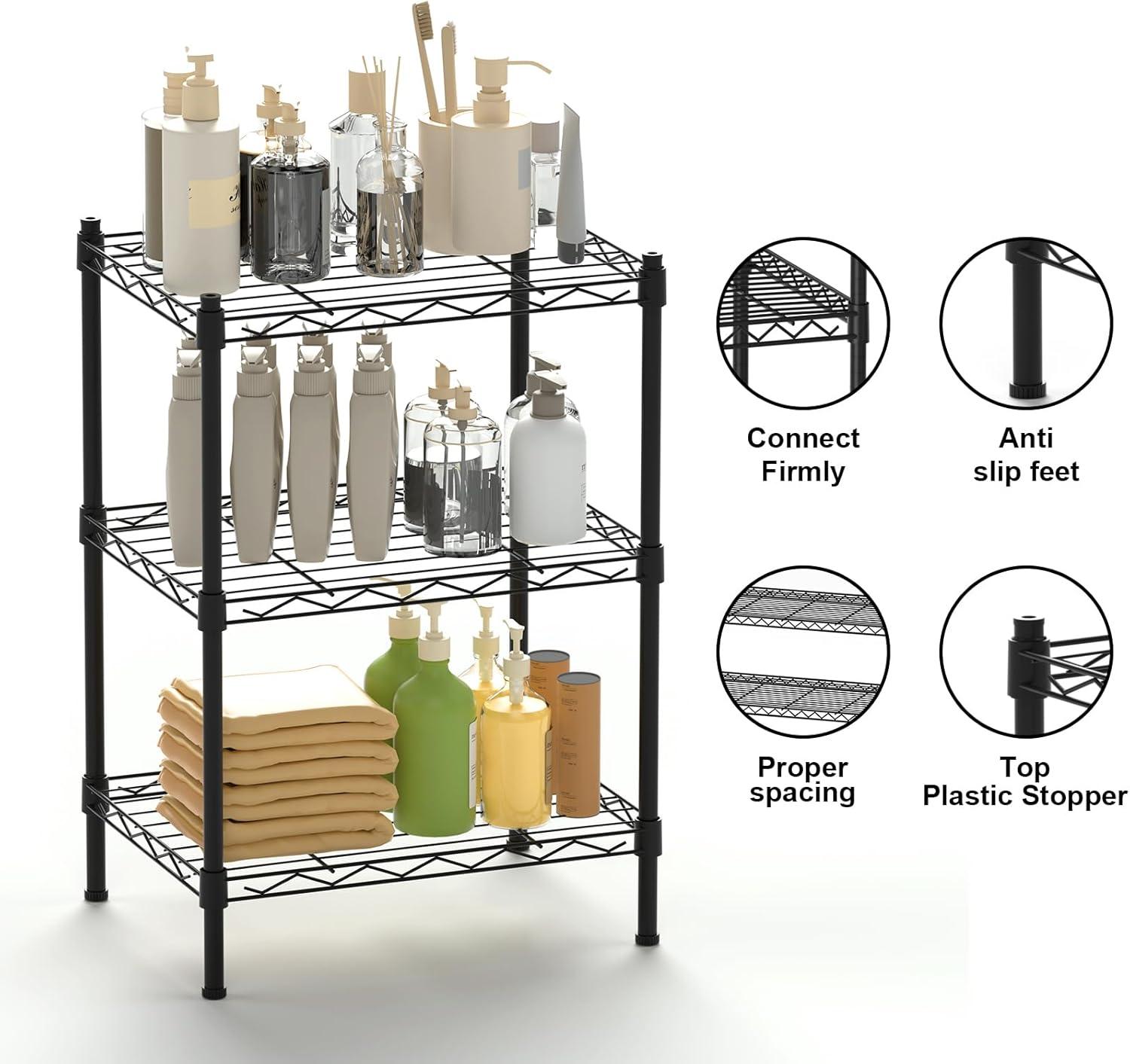 Adjustable Black 3-Tier Industrial Steel Wire Shelving Unit