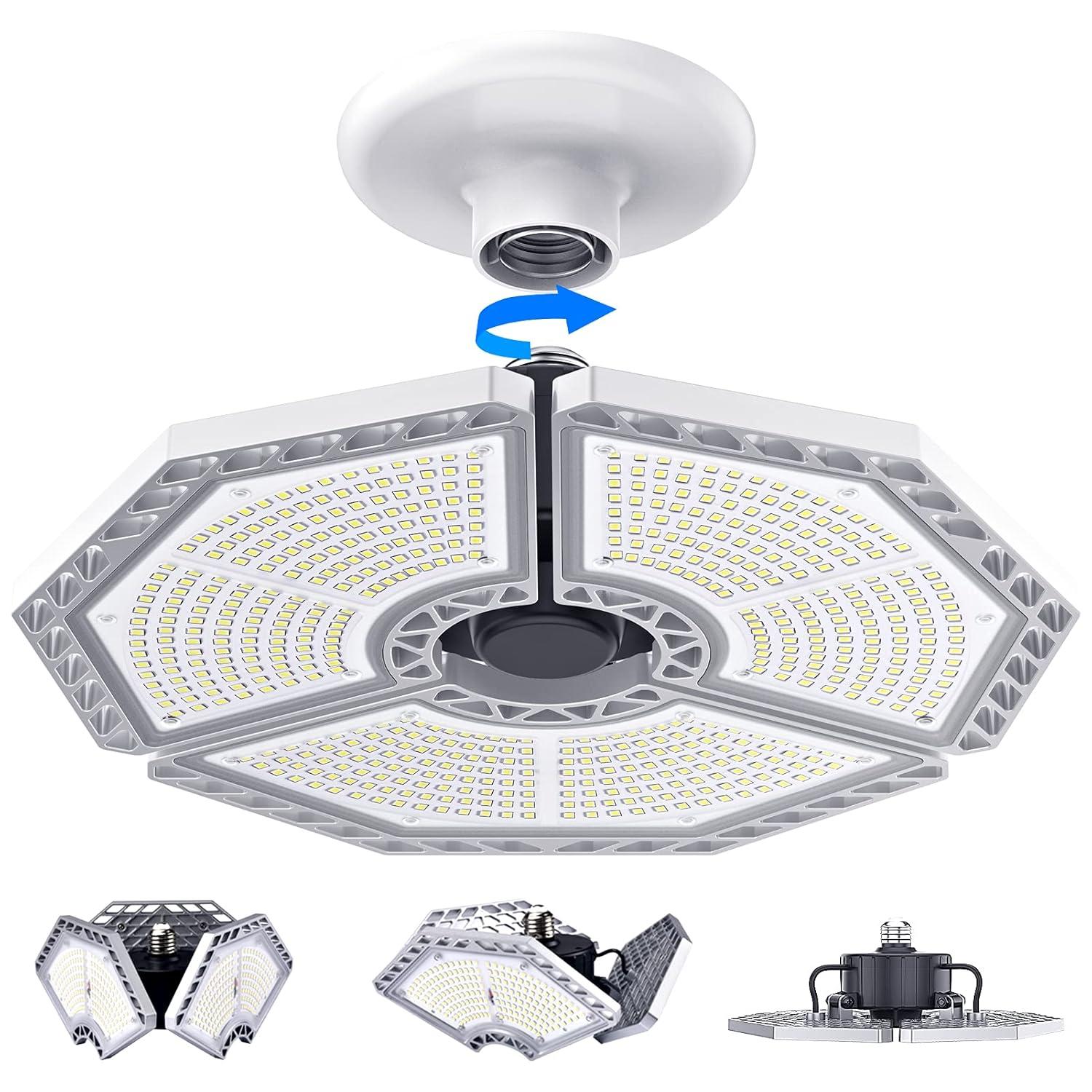 KERNOWO LED Garage Lights, 140W 18500 Lumens Garage Lighting, 6000K Daylight with Deformable Three Panel Ceiling Light Fixture E26/E27 Triple Glow LED Shop Light for Basement Workshop Warehouse