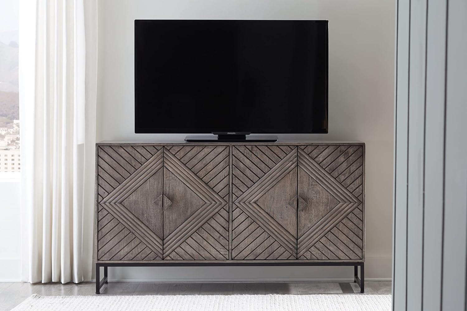 Distressed Gray Wood Accent Cabinet with Art Deco Doors