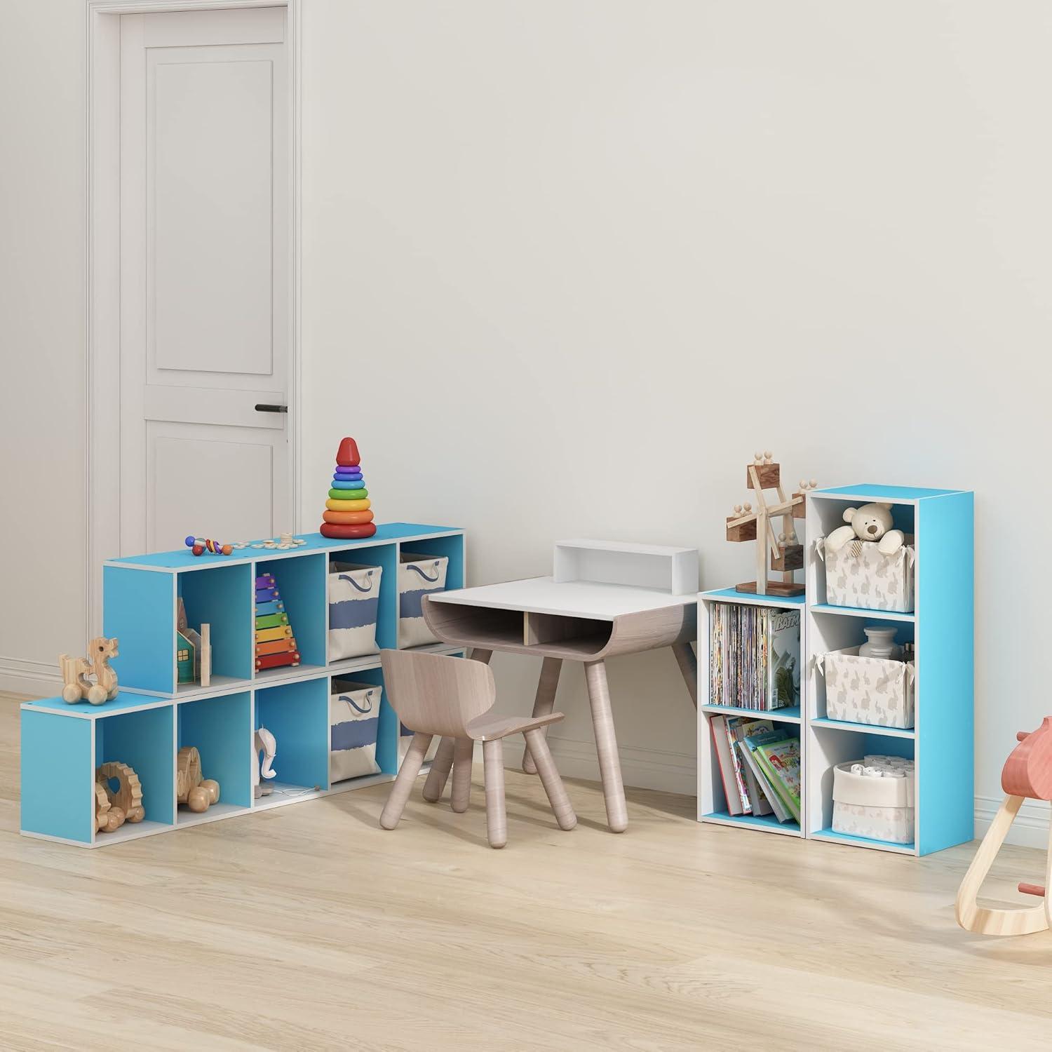 Light Blue and White 4-Tier Kids Wooden Cube Bookshelf