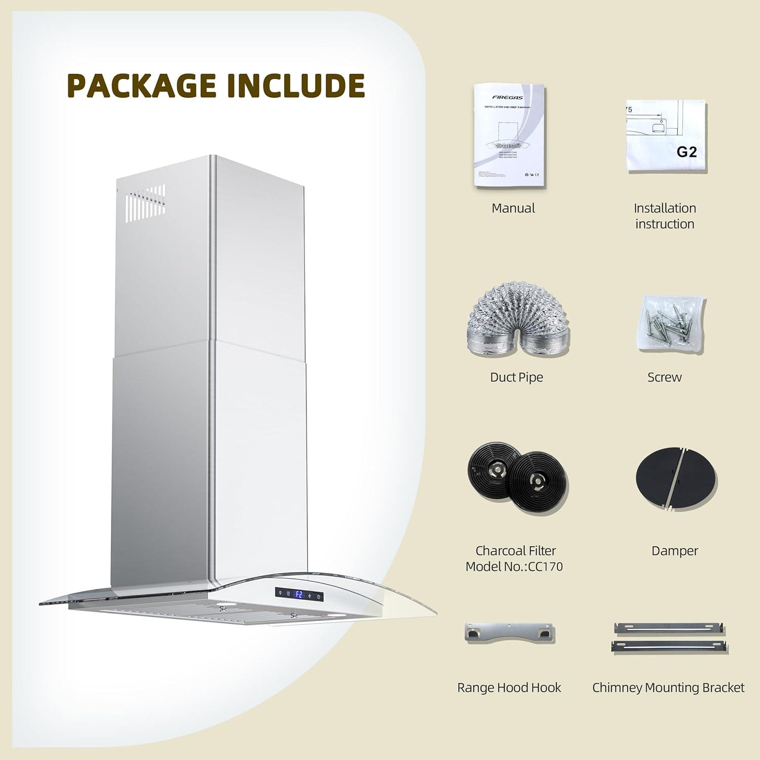 FIREGAS 30 inch Wall Mount Range Hood 600CFM with Ducted Exhaust Vent,3 Speed Fan,Soft Touch Controls,LED Lights,Permanent Filters in Stainless Steel,includes Charcoal Filter