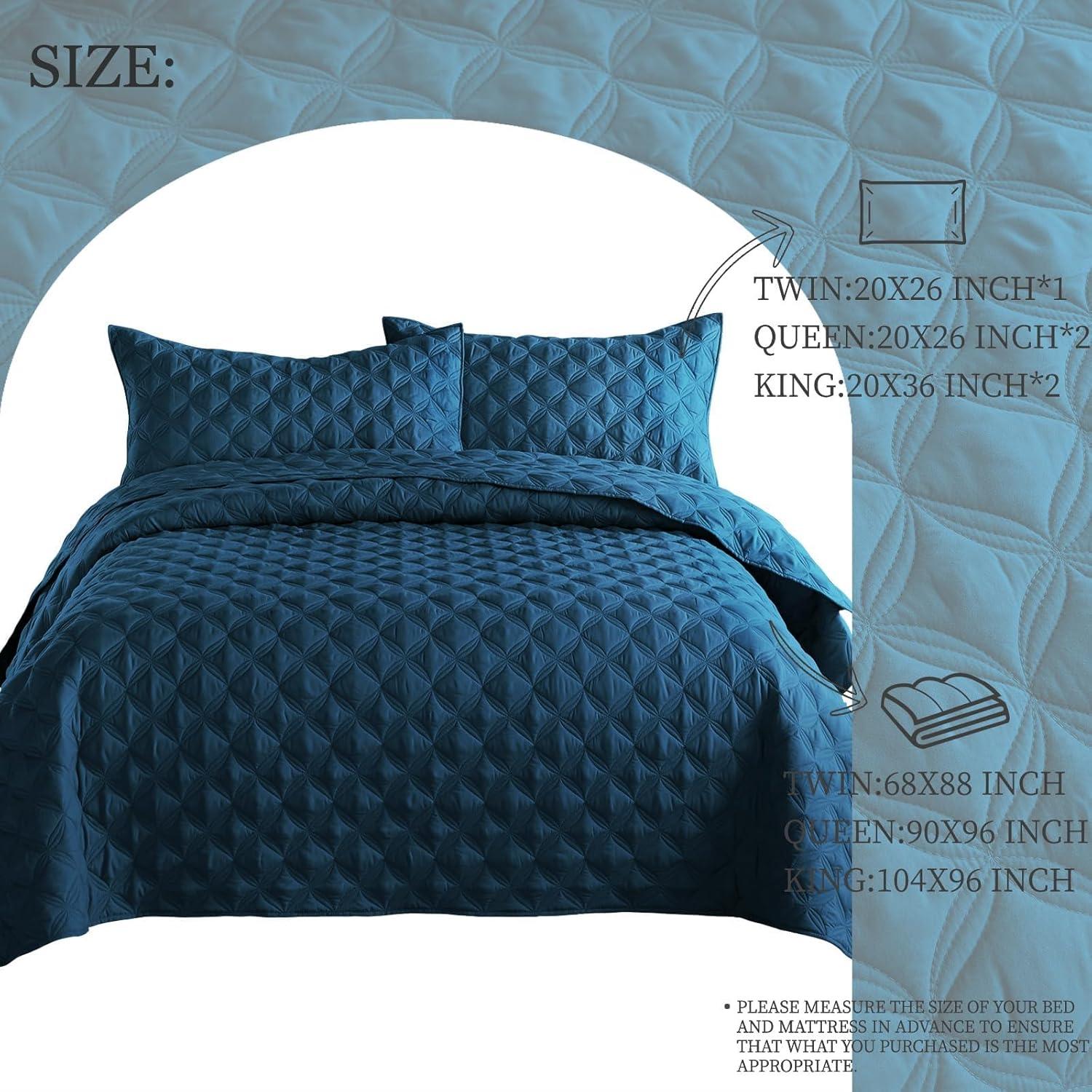 Exclusivo Mezcla Queen Quilt Set, 3-Piece Lightweight Queen Quilts Soft Bedspreads Bed Coverlets, Navy Blue, 90"x96"