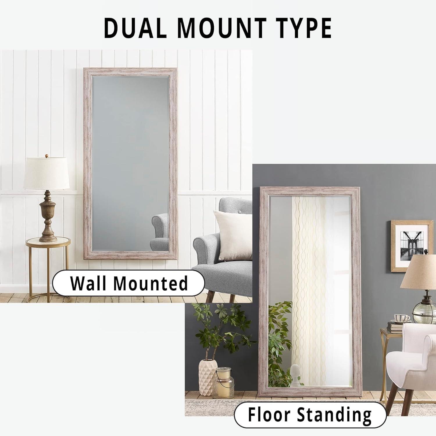 Highland Dunes Lindberg Rectangle Full Length Mirror, Faux Wood Farmhouse Mirror, Floor Mirror