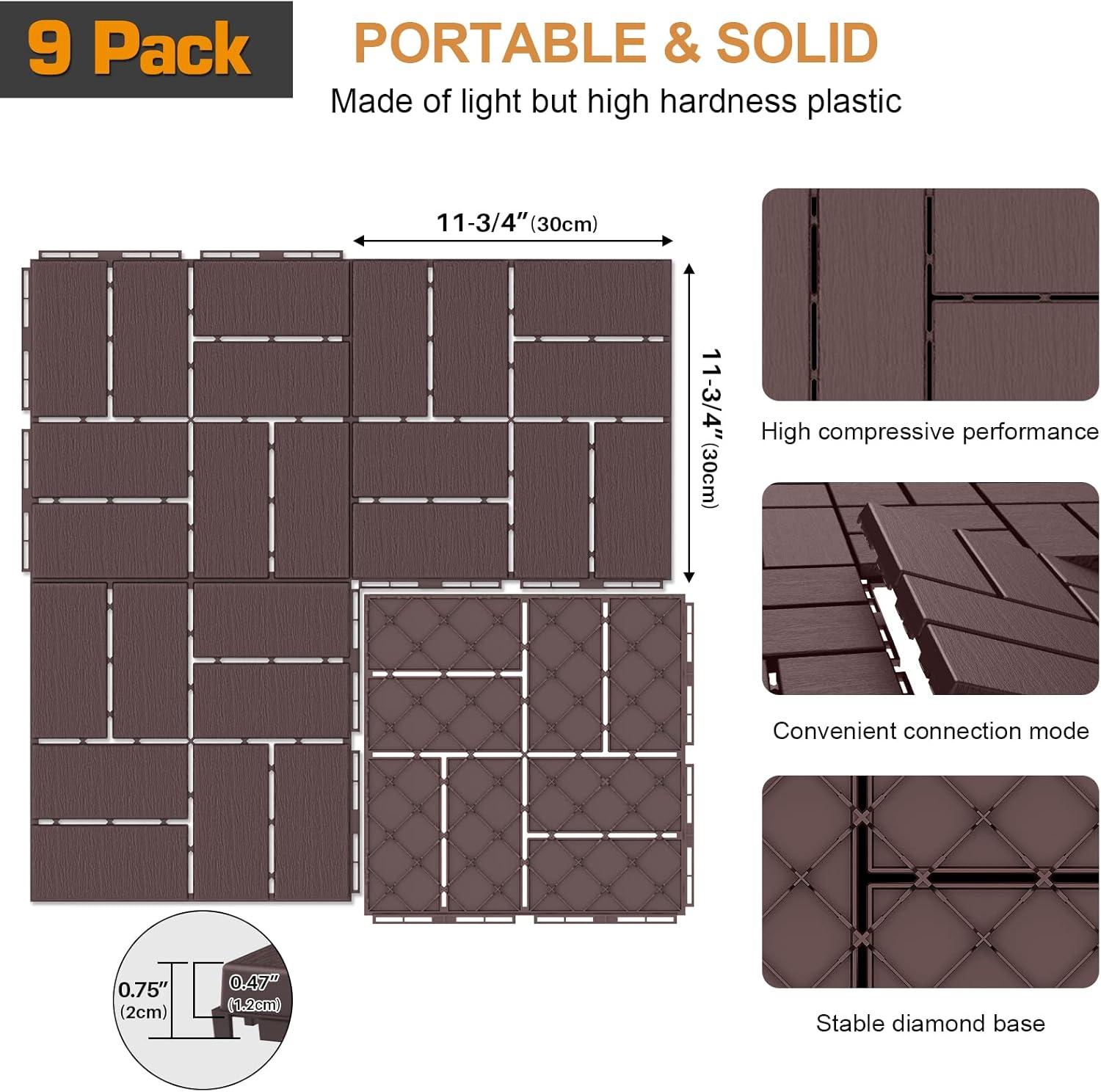 Goovilla Plastic Interlocking Deck Tiles, 27 Pack Outdoor Patio Flooring, 12"x12" Interlocking Decking Tile Outdoor All Weather Use, Waterproof Patio Pavers for Pool Balcony Backyard Porch, Dark Brown