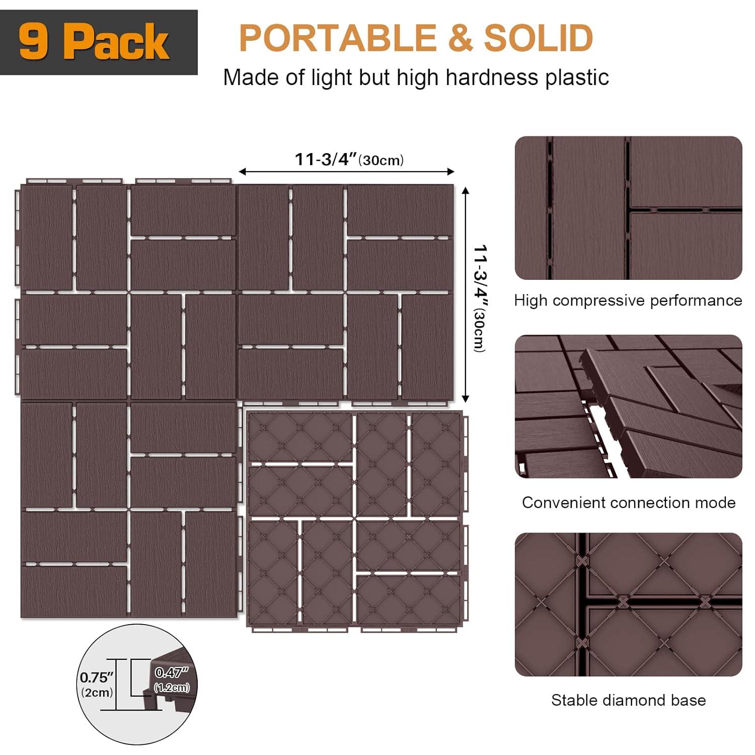 Goovilla Plastic Interlocking Deck Tiles, 27 Pack Outdoor Patio Flooring, 12"x12" Interlocking Decking Tile Outdoor All Weather Use, Waterproof Patio Pavers for Pool Balcony Backyard Porch, Dark Brown