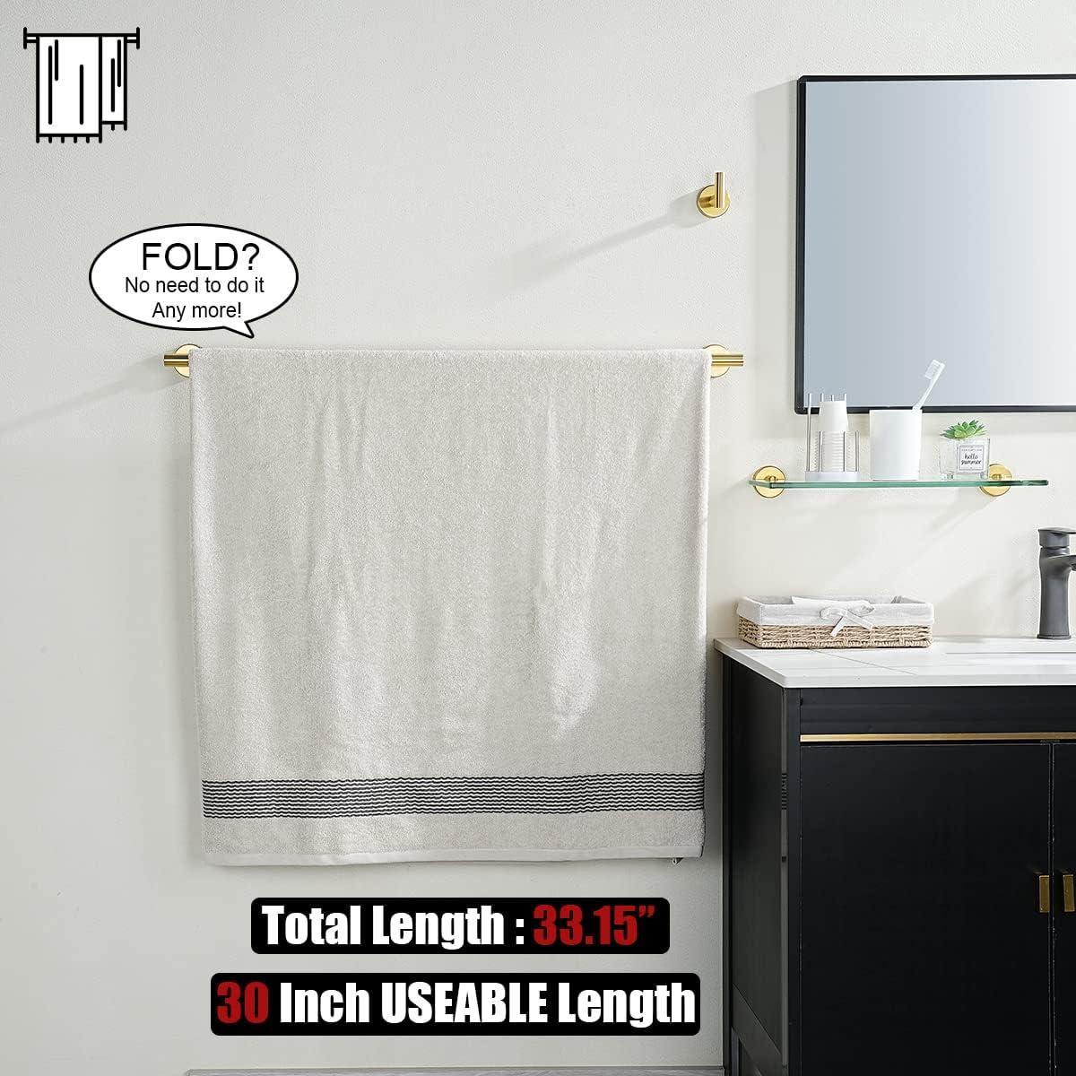 JQK Gold Towel Bar, 33 Inch 304 Stainless Steel Thicken 0.8mm Towel Rack Bathroom, Towel Holder Brushed Golden Wall Mount, Useable Length 30 Inch, TB110L30-BG