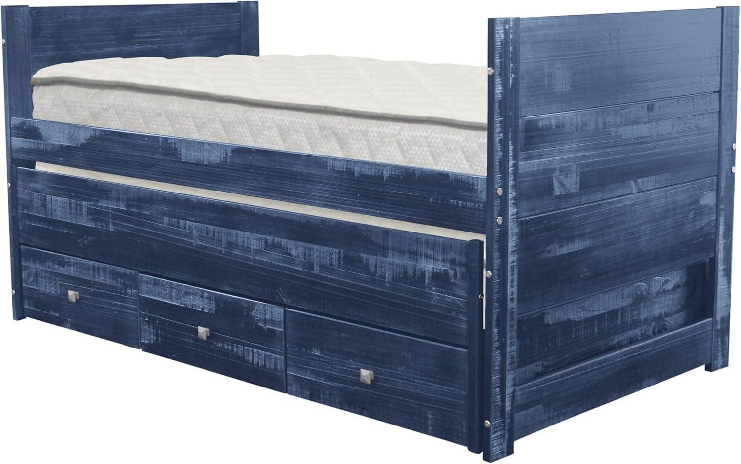 Weathered Blue Pine Twin Captain's Bed with Trundle and 3 Drawers