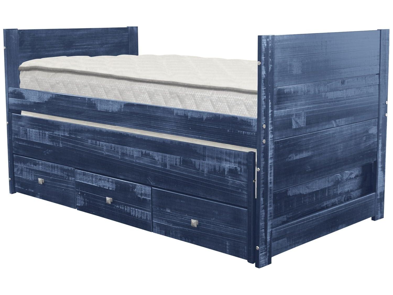 Bedz King All in One Twin Bed with Trundle and 3 Built in Drawers, Weathered Blue