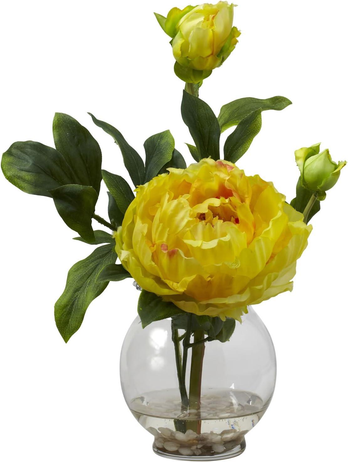 Nearly Natural Peony Artificial Flower Arrangement with Fluted Vase, White