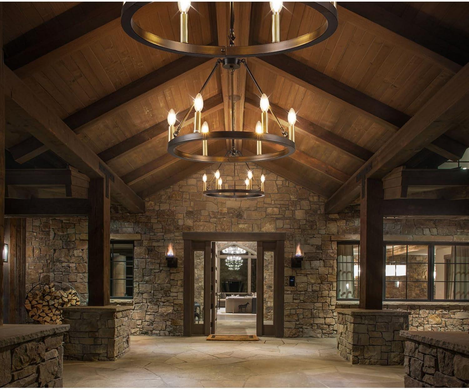 6-Light Black and Gold Chandelier, Farmhouse Wagon Wheel Chandelier, Round Chandeliers for Dining Room, Rustic Kitchen Island Iight Fixtures, Dining Room Light Fixtures Over Table