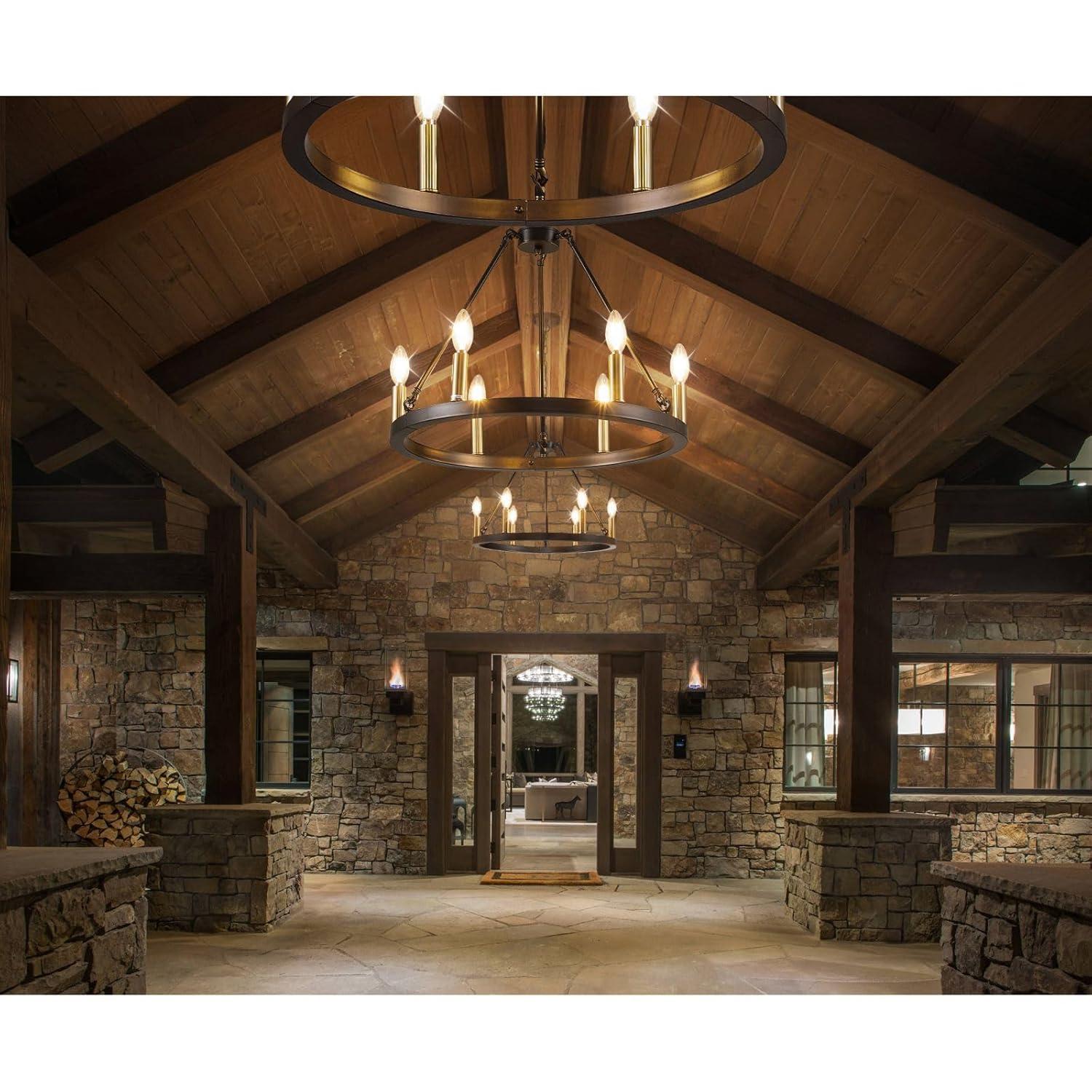 6-Light Black and Gold Chandelier, Farmhouse Wagon Wheel Chandelier, Round Chandeliers for Dining Room, Rustic Kitchen Island Iight Fixtures, Dining Room Light Fixtures Over Table