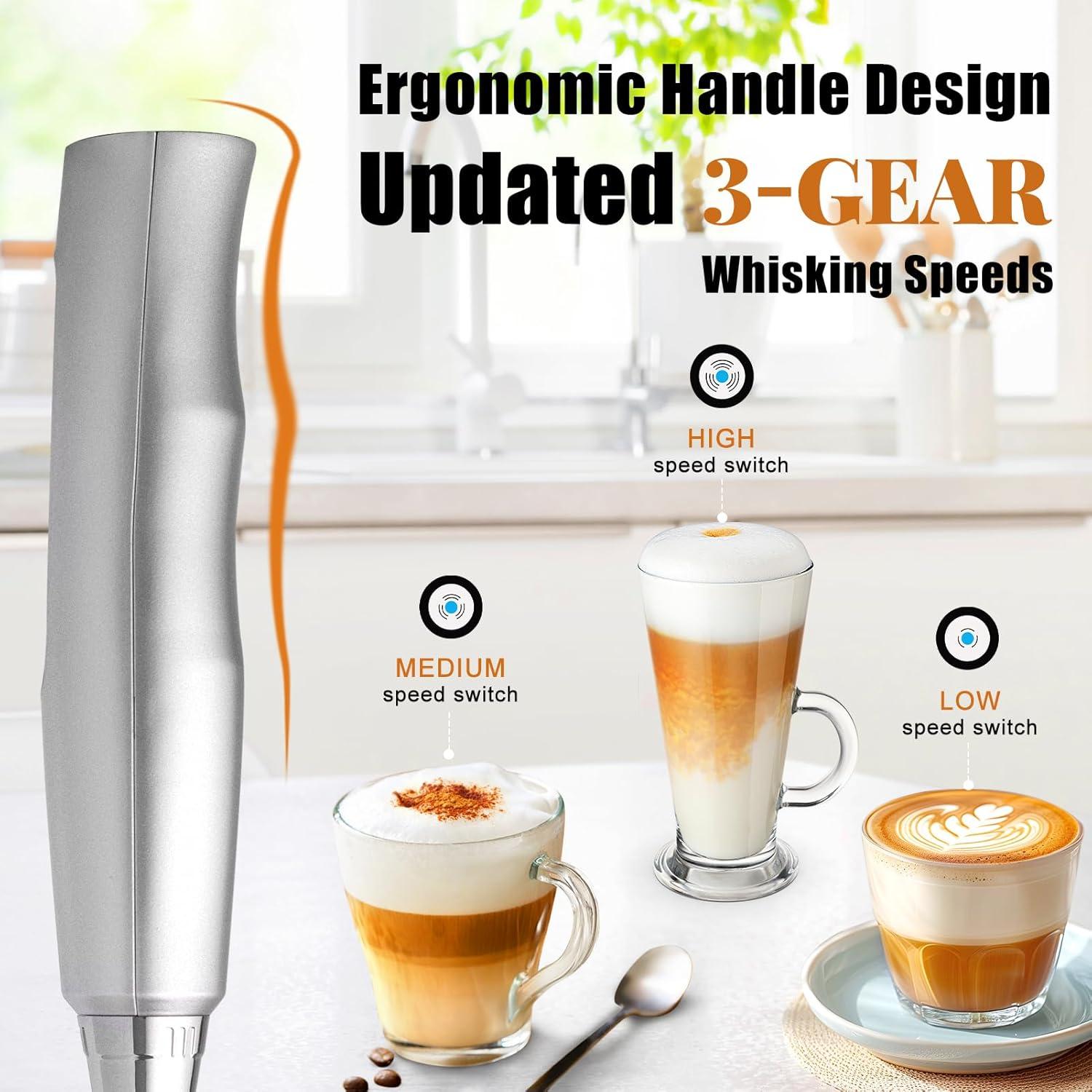 Silver Rechargeable Handheld Milk Frother with 3 Whisks