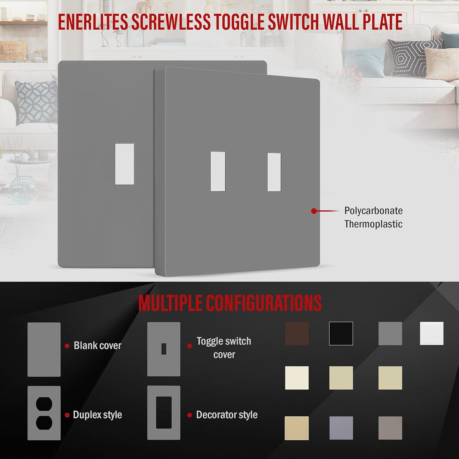 ENERLITES Screwless Double Toggle Switch Wall Plate, Child Safe Dual Light Cover, Standard Size 2-Gang, Unbreakable Polycarbonate Thermoplastic, Glossy Gray