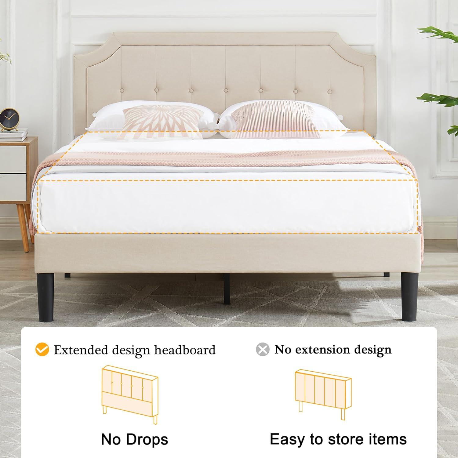 VECELO Queen Size Platform Bed Frame with Fabric Upholstered Headboard and Wooden Slats Support, No Box Spring Needed/Easy Assembly,Beige