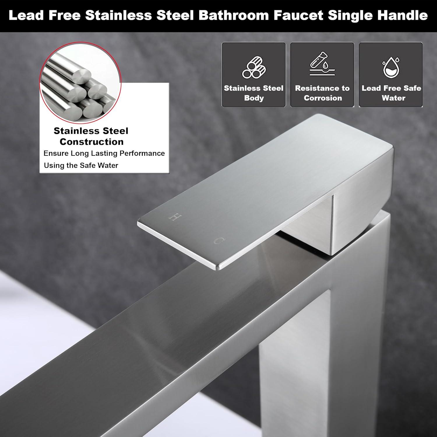 Gold Vessel Sink Faucet, Brushed Gold Tall Single Handle Bathroom Vessel Sink Faucet 1 Hole, Modern Stainless Steel Restroom Vanity Faucet with Metal Pop Up Drain and Water Supply Hose