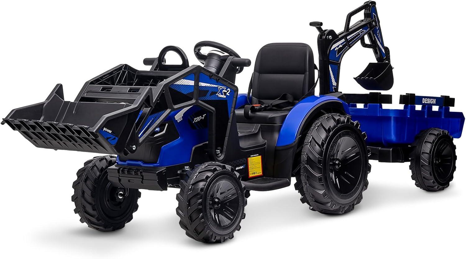 Blue 24V 3-in-1 Ride-On Tractor with Trailer and Shovel