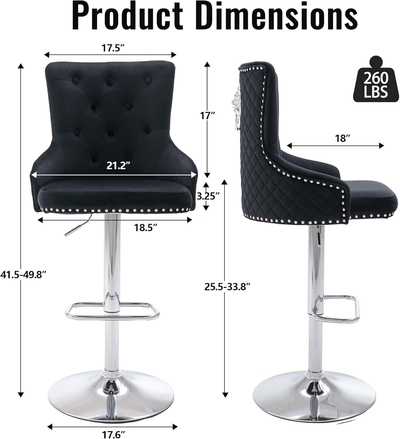 Swivel Velvet Bar Stools Set of 2,Counter Height Bar Chairs with Button Decor, Nailhead Trim and High Back,Modern Upholstered Bar Stools for Kitchen, Cafe, Pub,Black