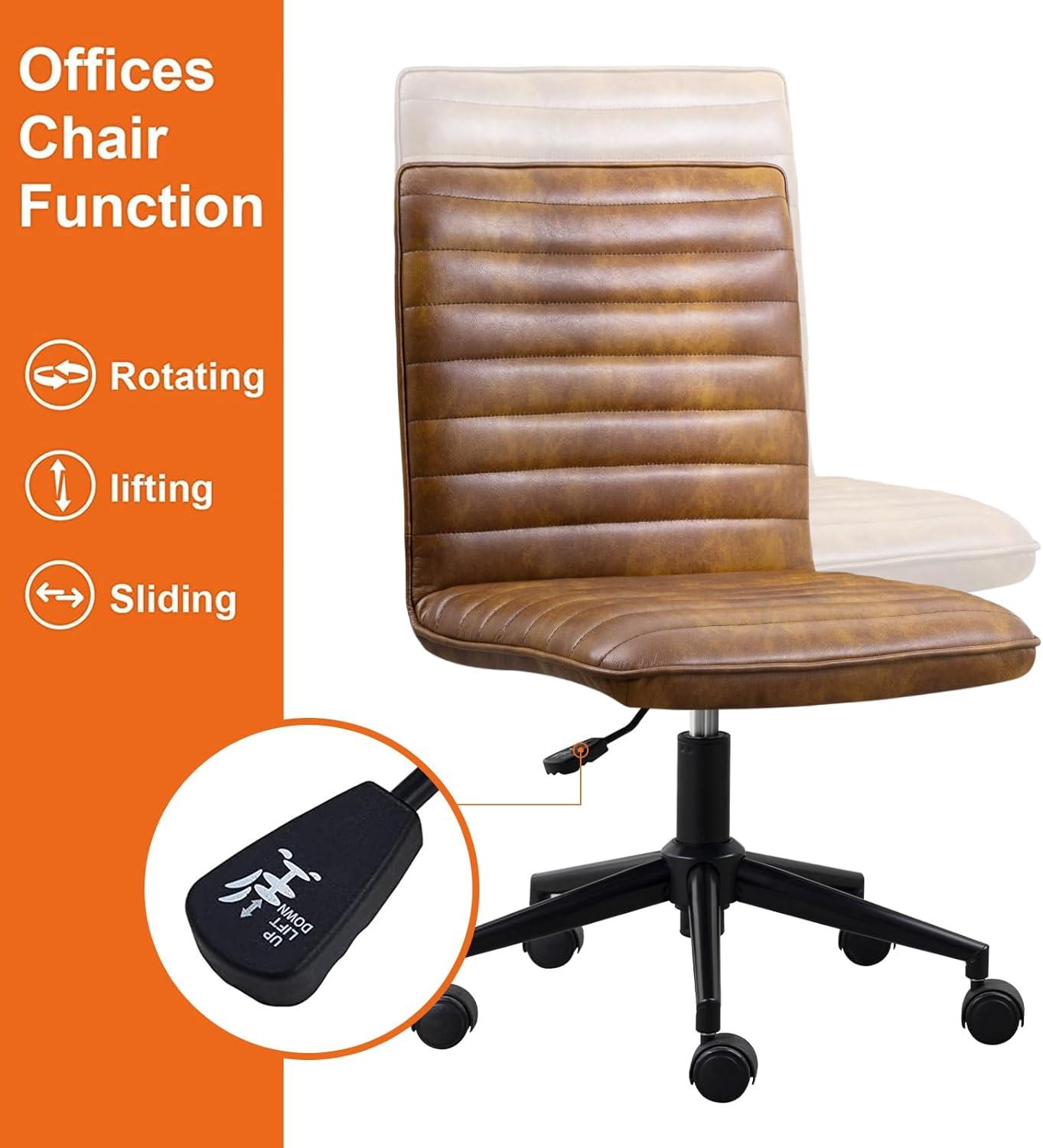 Dustyellow Leather Armless Swivel Task Chair with Black Base