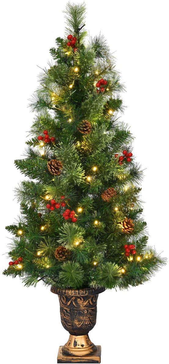 5-Foot Pre-Lit Green Christmas Tree with Pine Cones and Red Berries