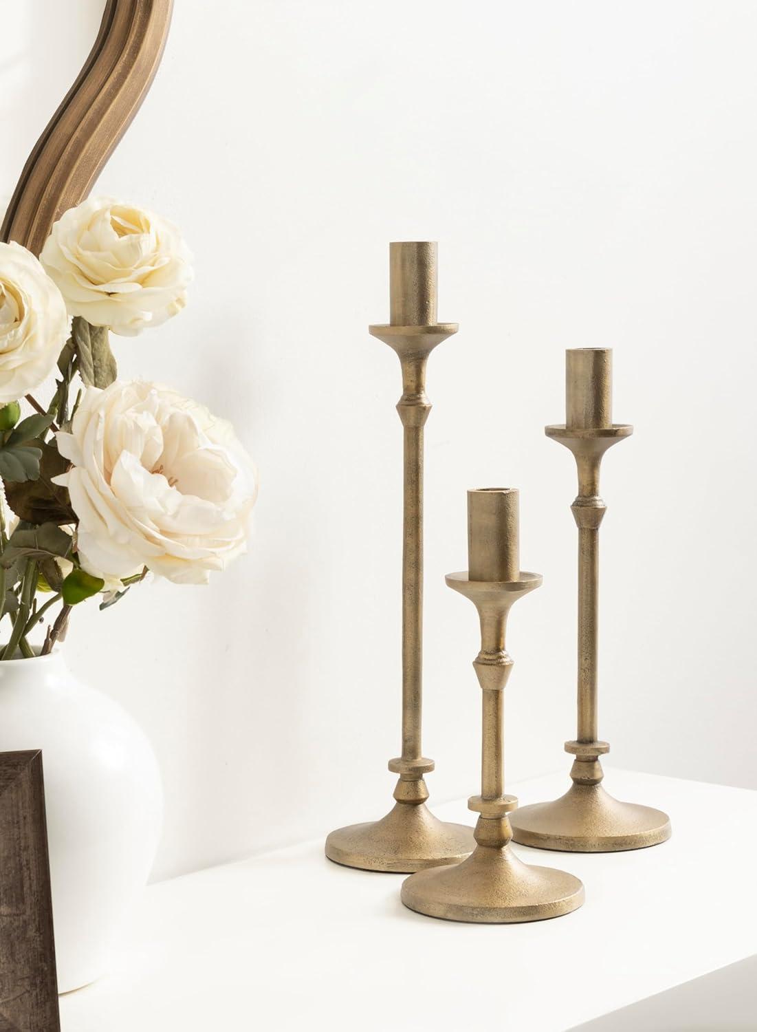 wwbo Set of 3 Exquisite Antique Brass Cast Iron Taper Candle Holders - Elegant Decorative Centerpieces for Wedding  Dining  Party - Tabletop Candlestick Holders for Christmas Decorations