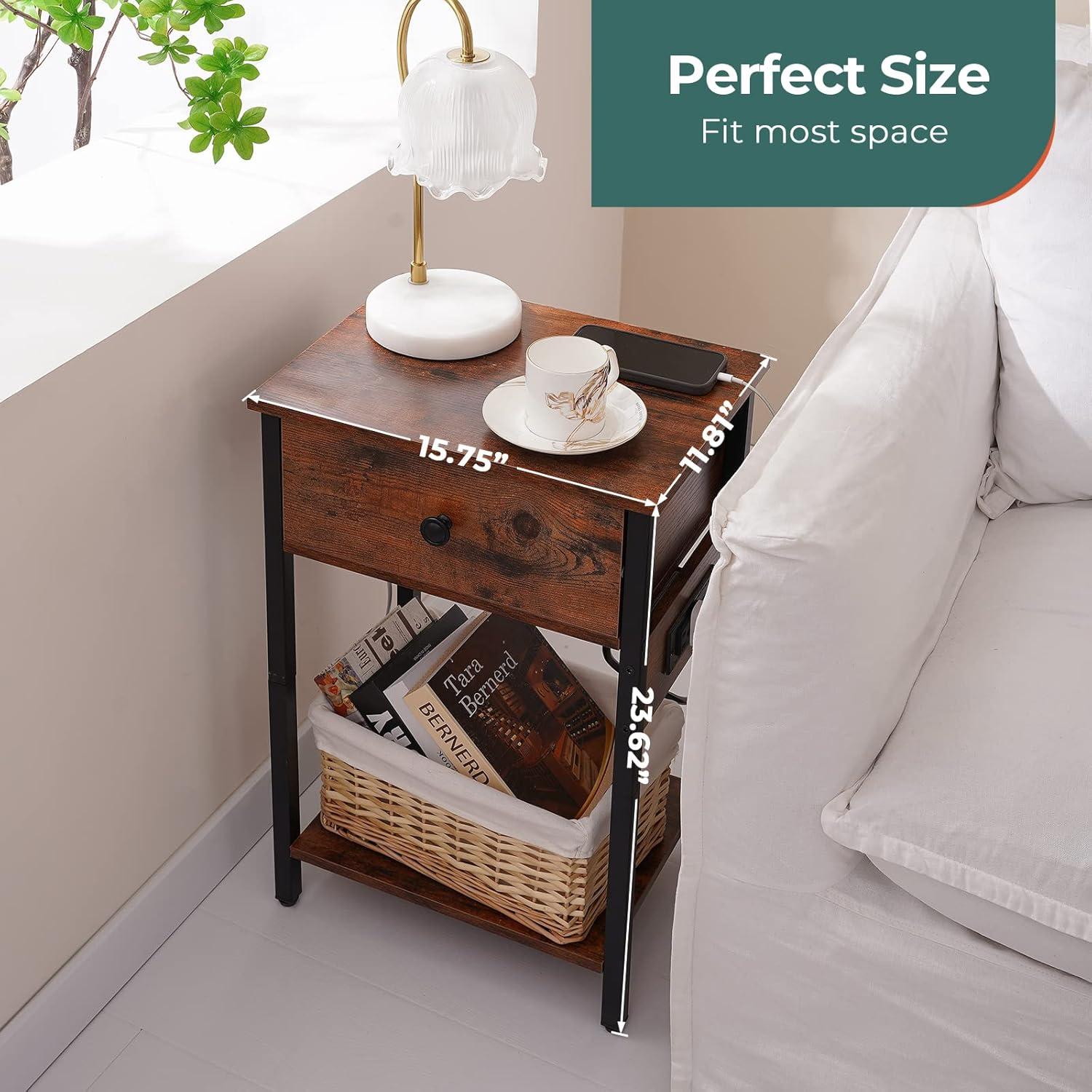 Yoobure Nightstand with Charging Station, Bedside Tables with Large Drawer and Storage Shelf, Bed Side Table/Night Stand with USB Ports & Outlets, Industrial Side Table End Table for Bedroom, White