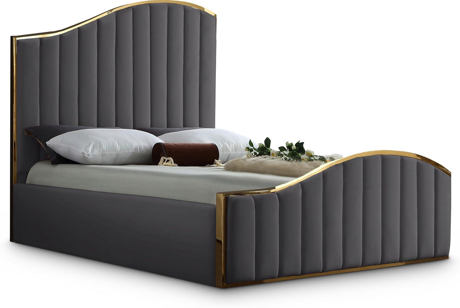Meridian Furniture Jolie Solid Wood and Velvet Queen Bed in Gray
