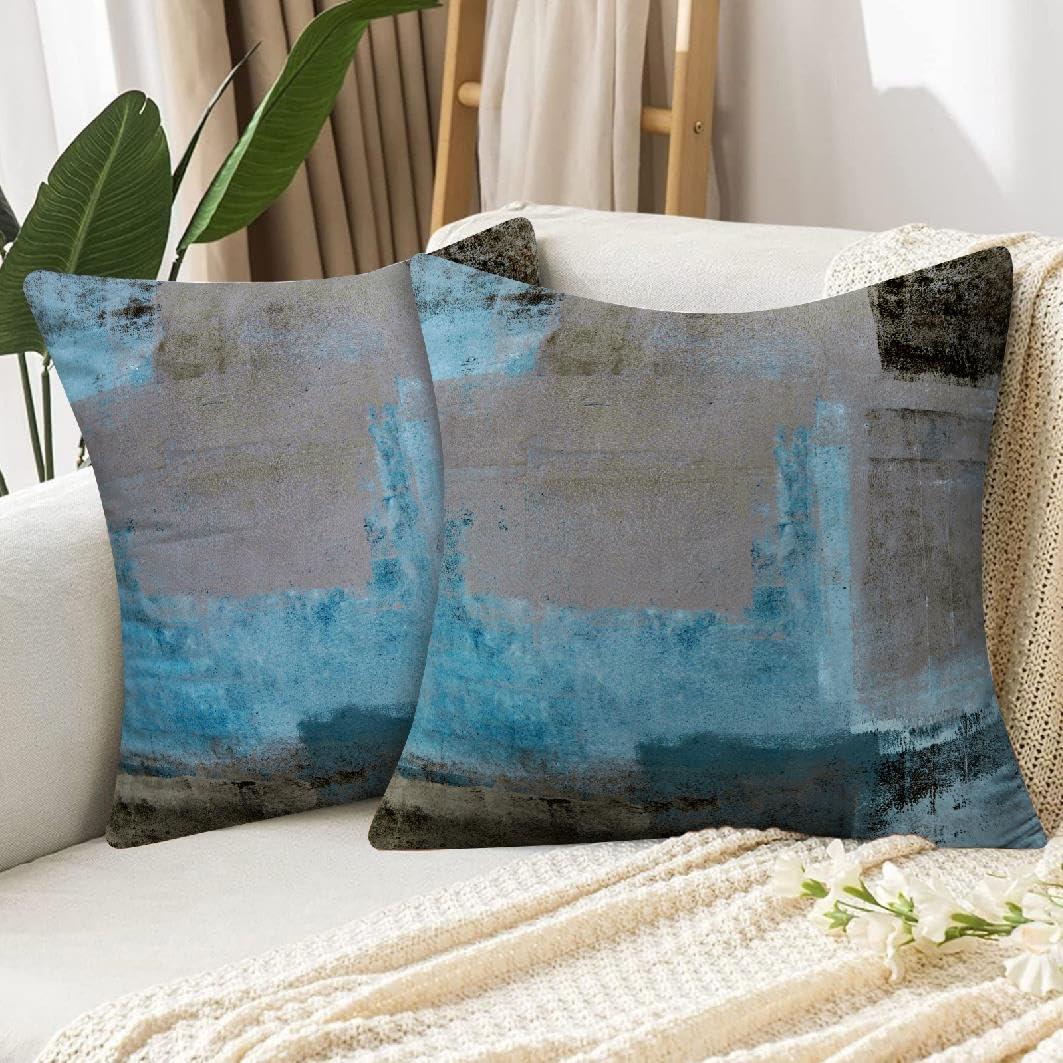 Teal and Brown Throw Pillows Covers Set of 2 Blue Gray Abstract Art Painting Aesthetic Modern Square Decorative Pillow Covers Soft Throw Pillows for Couch Sofa Bedroom, 18X18 Inches