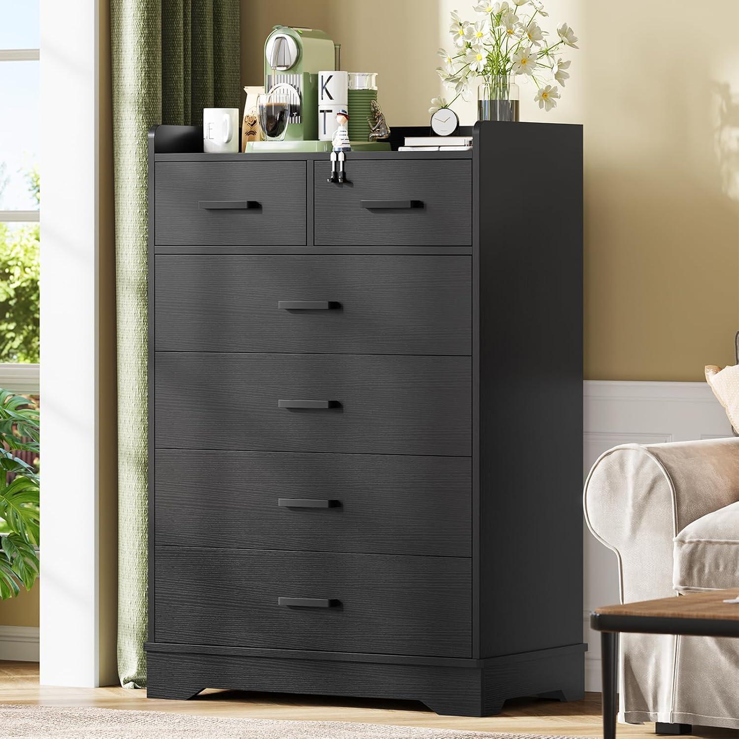 Black Dresser for Bedroom, 6 Drawers Dresser Wood Storage Tower Clothes Organizer, Chest of 6 Drawers, Large Capacity Storage Cabinet, Tall Dresser for Bedroom, Hallway, Entryway