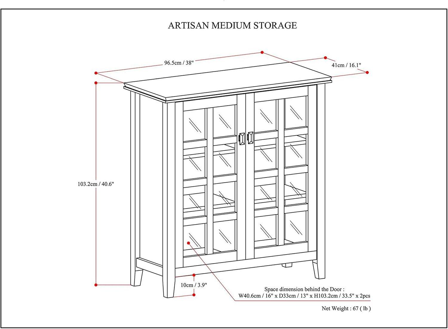 Simpli Home Artisan 38"W Solid Wood 4-Shelf Medium Storage Cabinet with Glass Doors and Adjustable Shelves