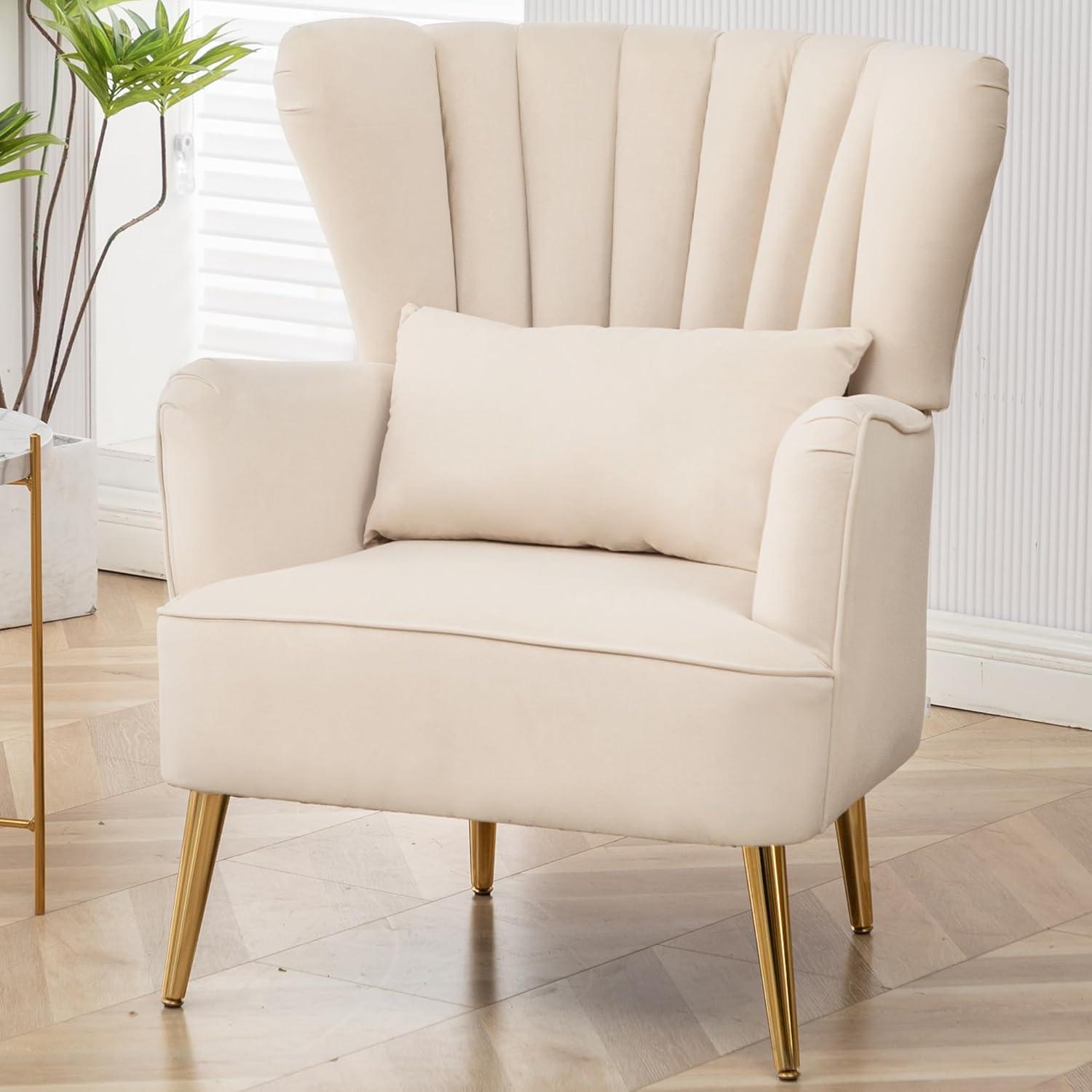 Beige Velvet Wingback Accent Chair with Gold Legs