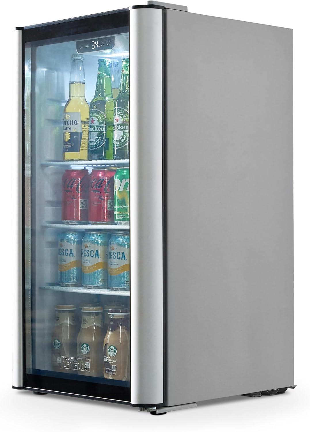 Premium Levella PRF36DX Glass Door Display Refrigerator 3.1 cu ft Commercial Beverage Cooler Merchandiser - Silver