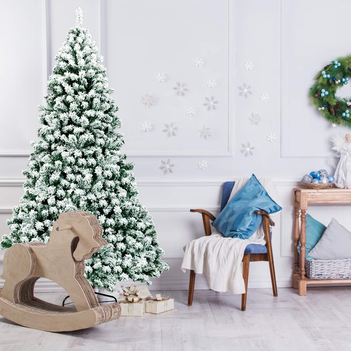 Costway 7.5Ft Pre-Lit Premium Snow Flocked Hinged Artificial Christmas Tree w/550 Lights