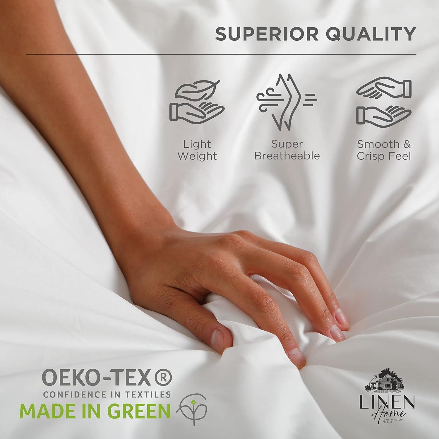 Linen Home 100% Cotton Percale Sheets Queen Size, Silver, Deep Pocket, 4 Pieces Set - 1 Flat, 1 Deep Pocket Fitted Sheet and 2 Pillowcases, Crisp Cool and Strong Bed Linen
