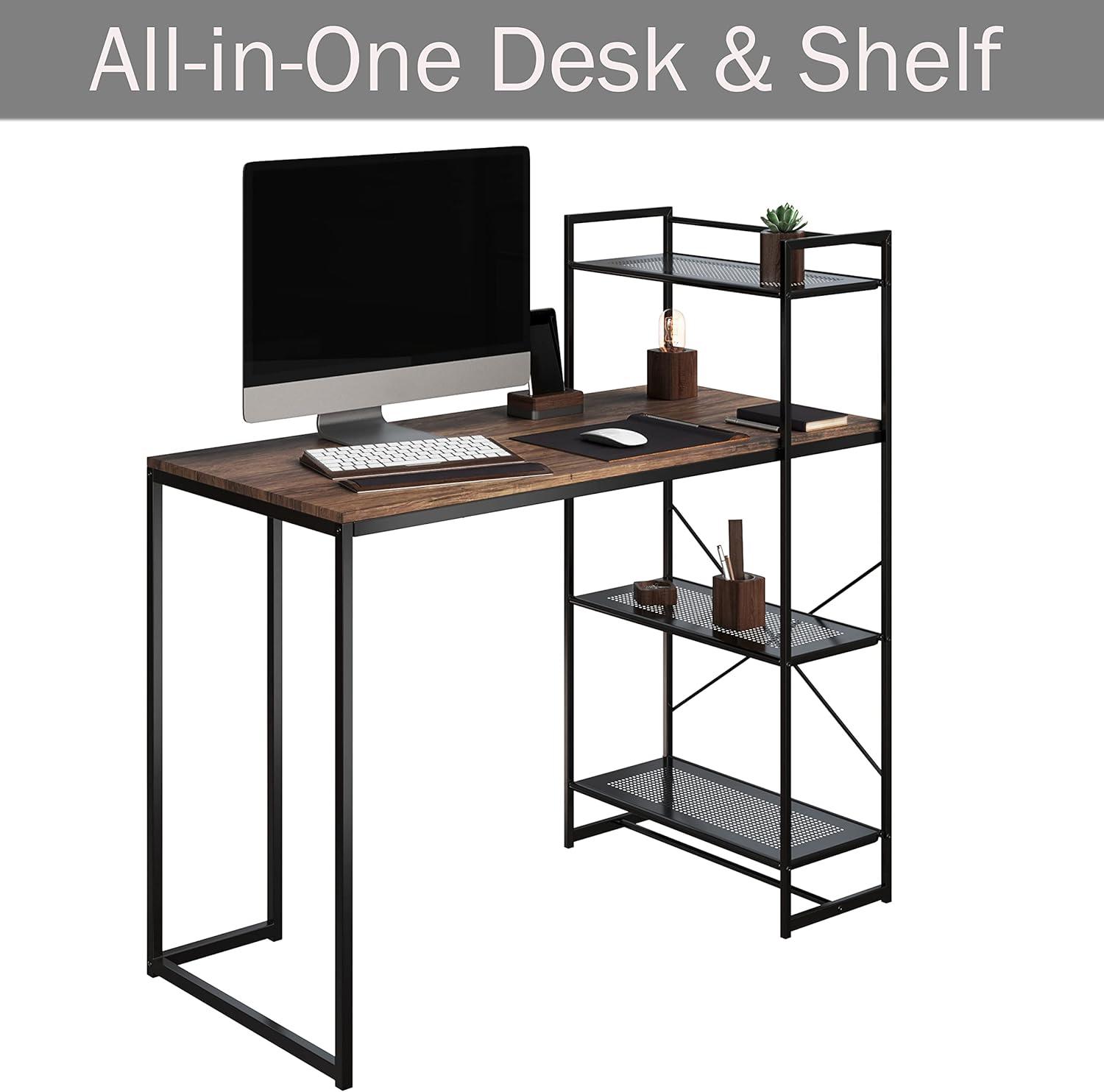 Compact Industrial-Style Black Metal and Wood Computer Desk with Storage