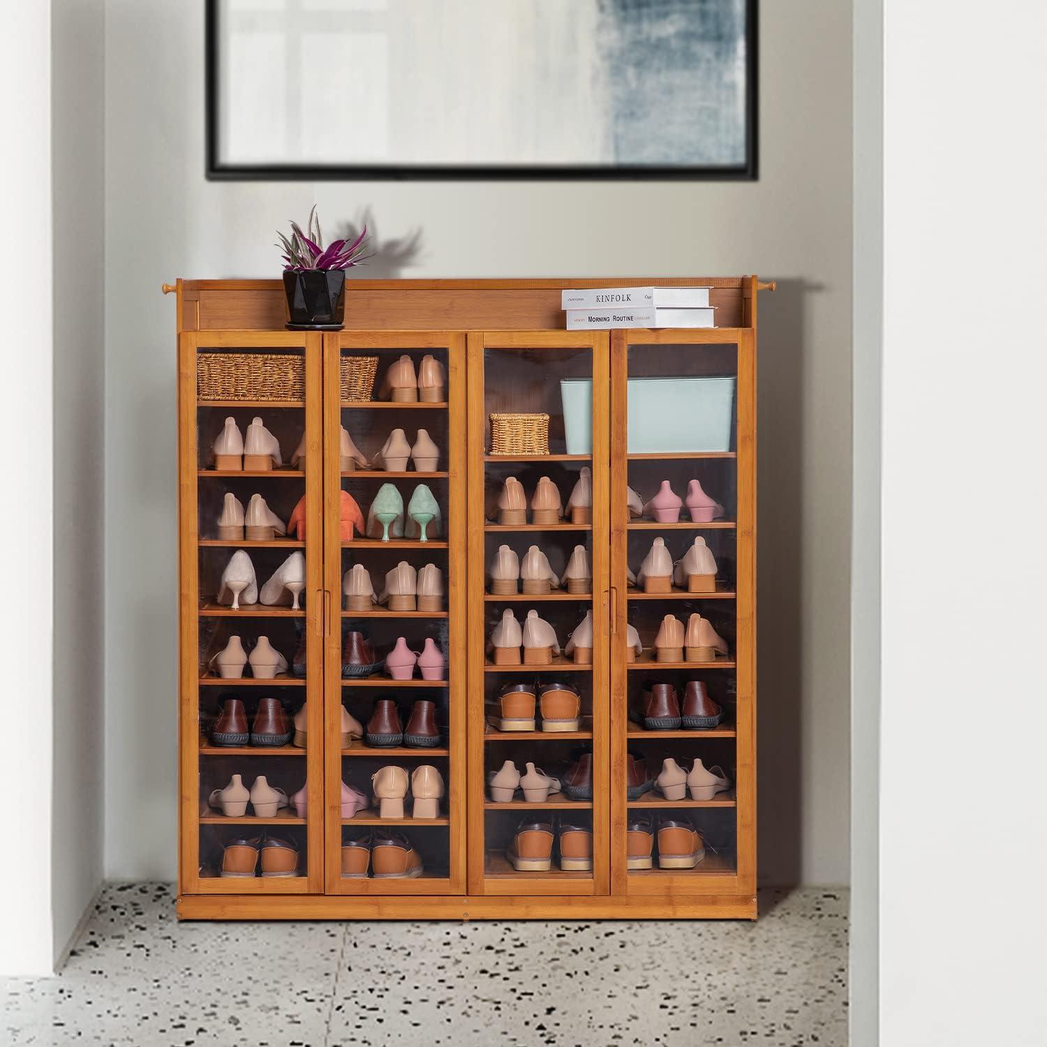 Brown Bamboo 9-Tier Shoe Cabinet with Acrylic Doors